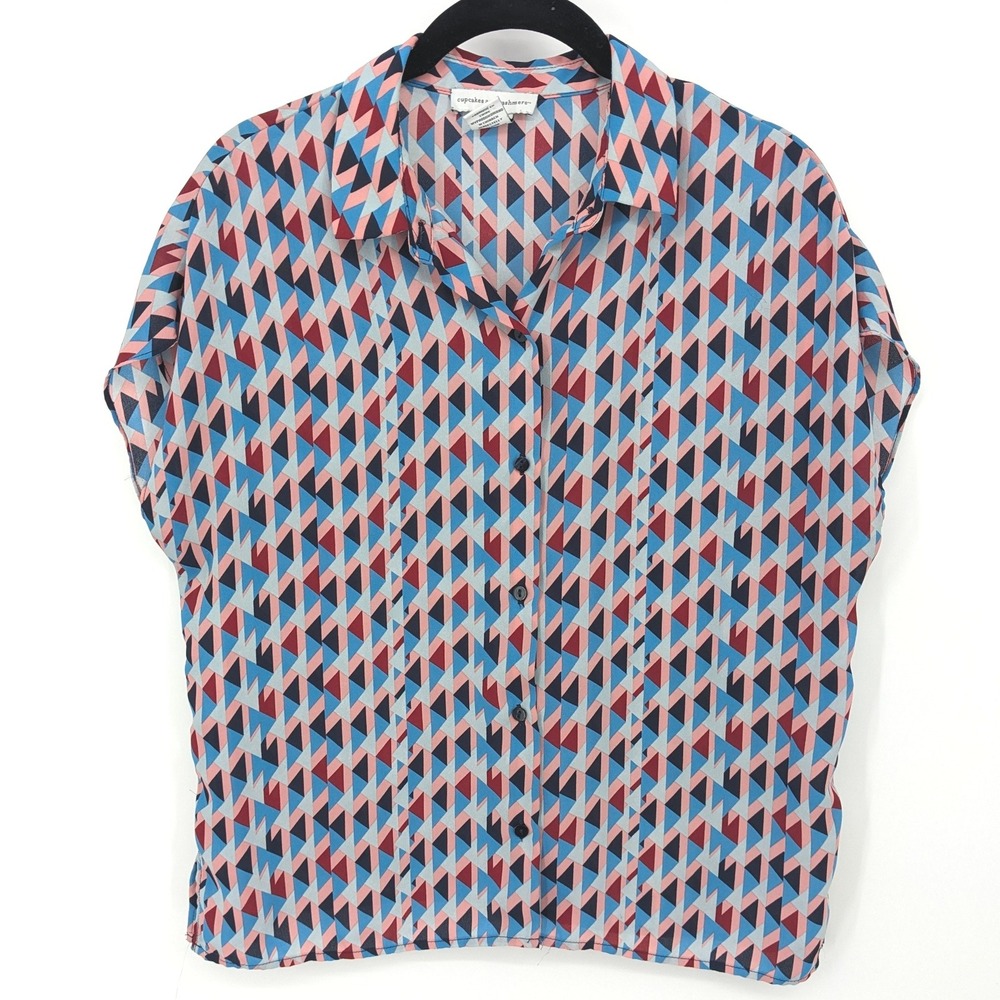 Cupcakes and Cashmere Blouse XS Blue Geometric Short Sleeve Button Up Retro Crop